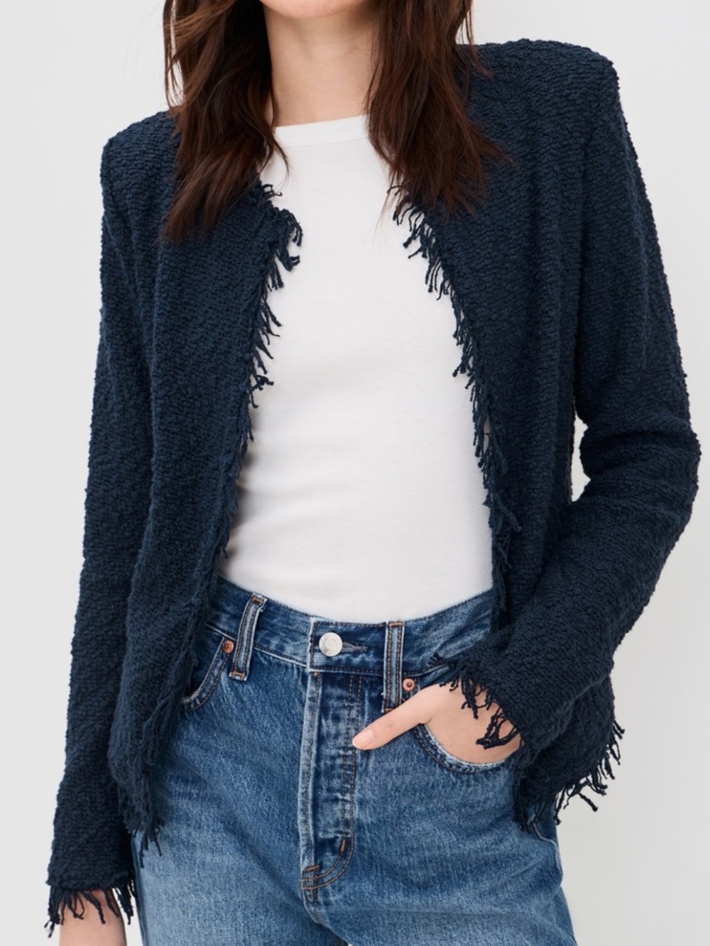 IRO Shavani Tweed Fringe Jacket Blue Textured Open Front Blazer XS 34
